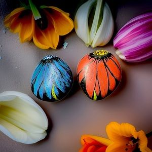 Hand crafted painted set of 2 red and blue flower rocks on black background